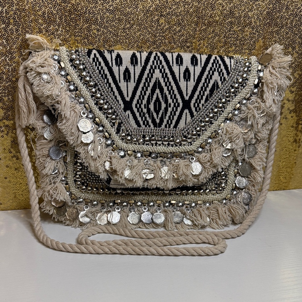 Antik Kraft Banjara Bohemian Multibeaded Fringe clutch with a Removable Strap
